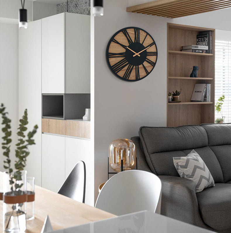 Creative Retro Wood Mute Iron Wood Wall Clock