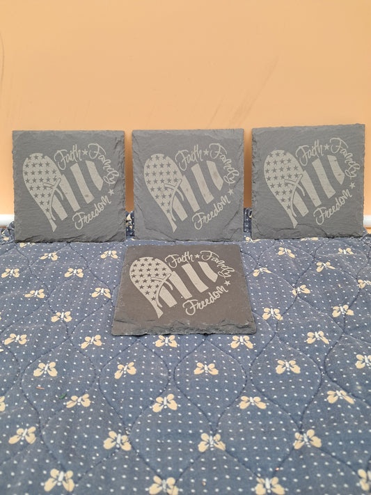 Faith Family Freedom 4x4 Engraved Slate Costers Det of 4