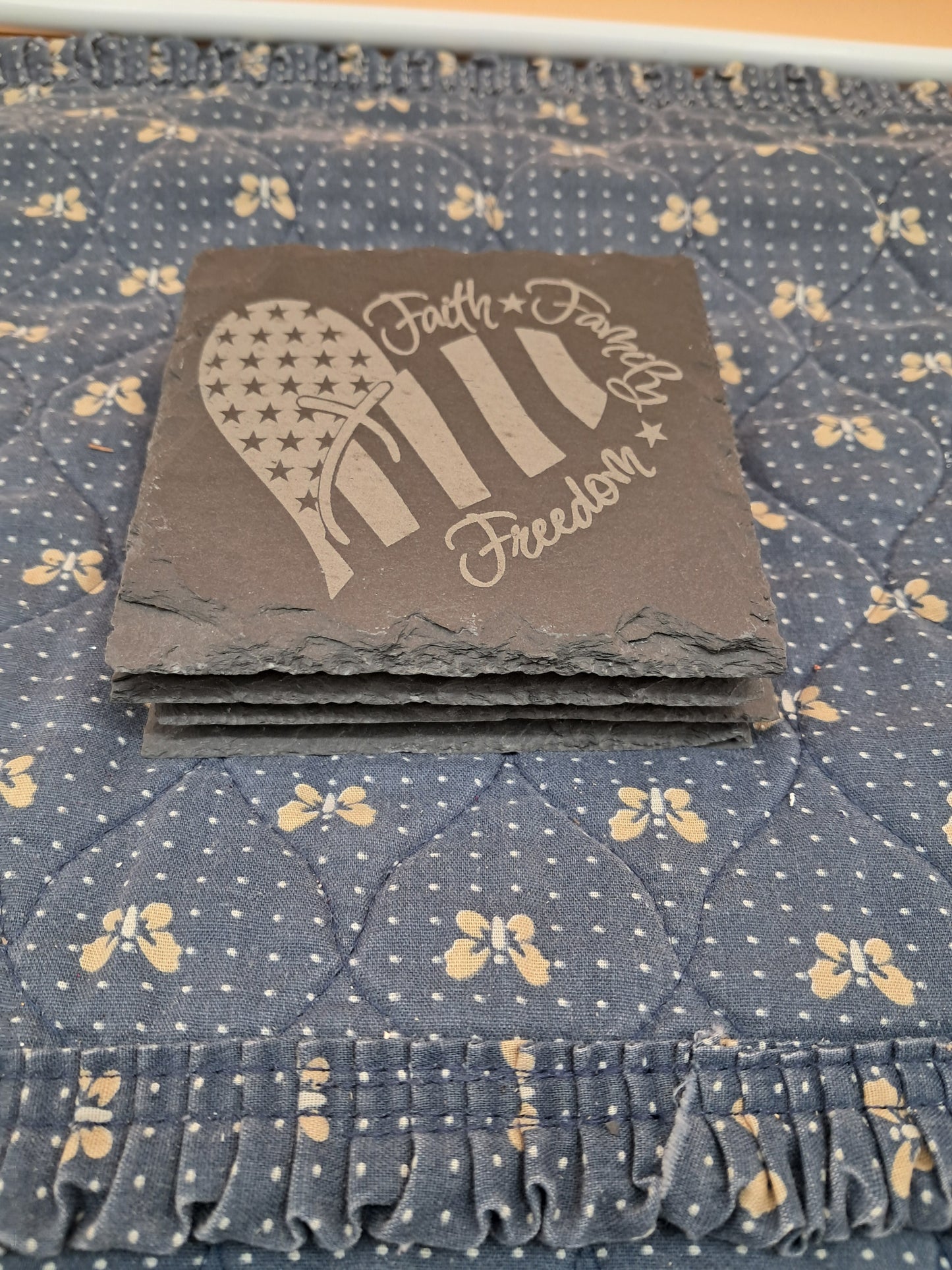 Faith Family Freedom 4x4 Engraved Slate Costers Det of 4