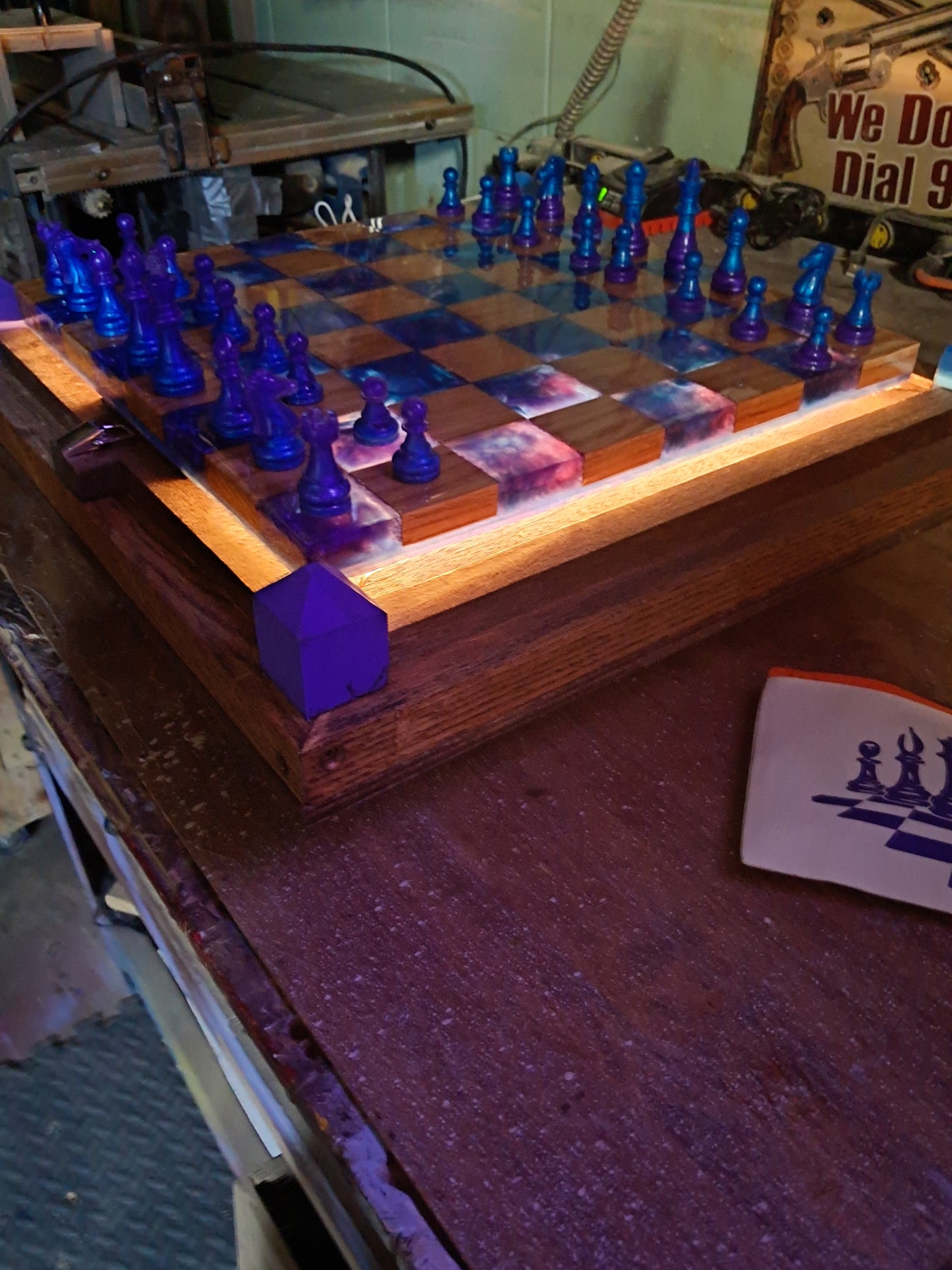 Floating Walnut Epoxy Resin Chess Board with voice command mulei color led lights